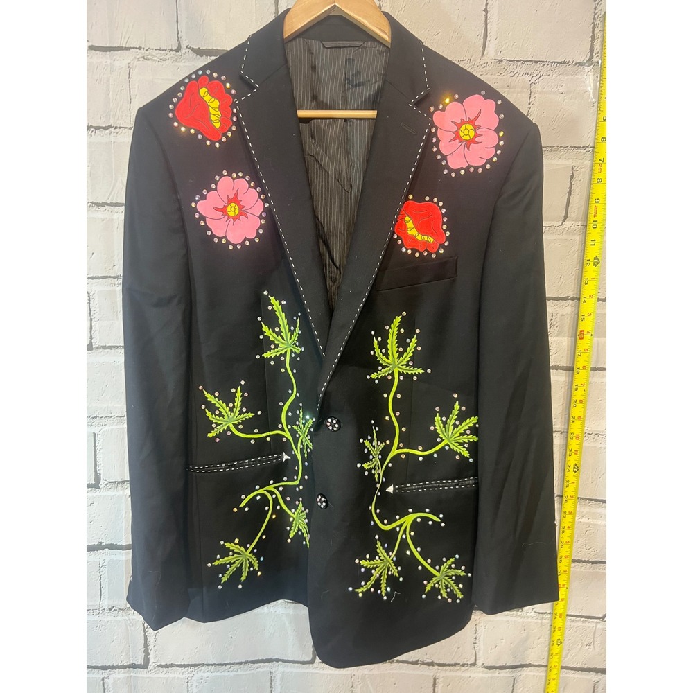OOAK Hand Painted Wool Blazer 44R Rhinestone Cannabis Cross Wearable Art